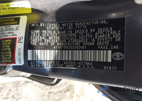 2014 Toyota Camry Le from USA, damaged, VIN 4T1BF1FK1EU762481